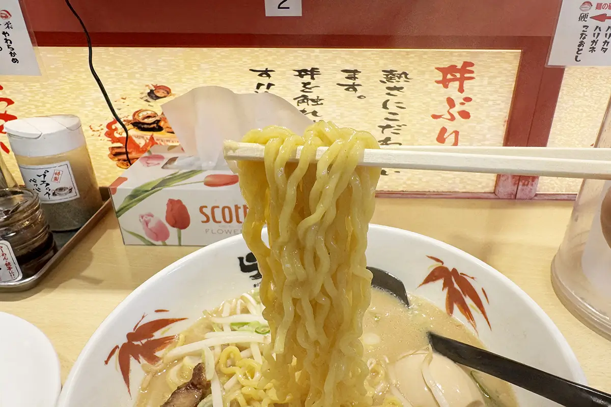 らーめん世界 富山 呉羽店　旨み醤油豚骨らーめん　麺